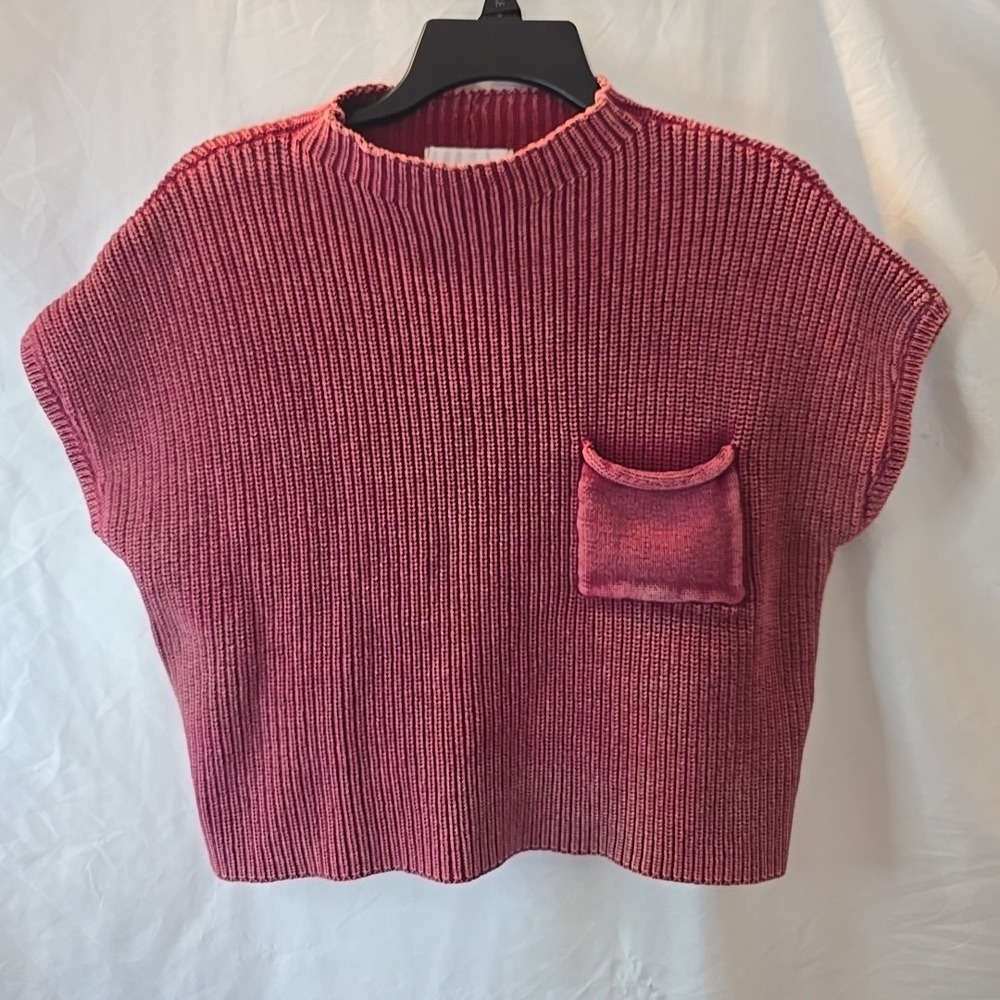Zenana Washed Look Mock Neck Short Sleeve Cropped‎ Sweater Dark Pink Sz L/XL